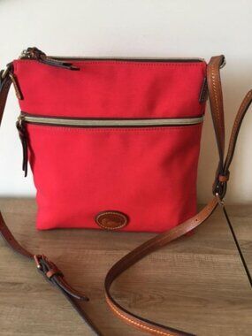 Dooney & Bourke Red Nylon Canvas Crossbody with Leather Trim & Zipper Closure